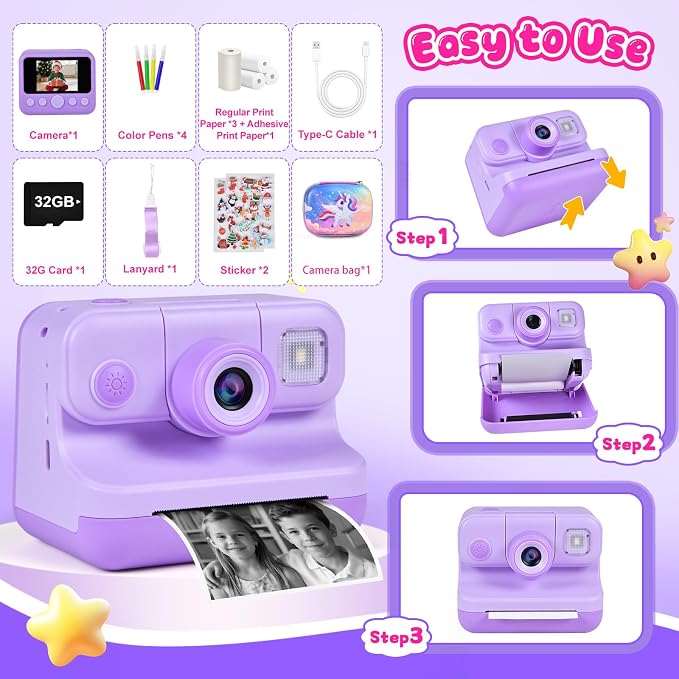 Kids Instant Print Camera with Carrying Bag, 1080P HD Digital Camera - Image 8