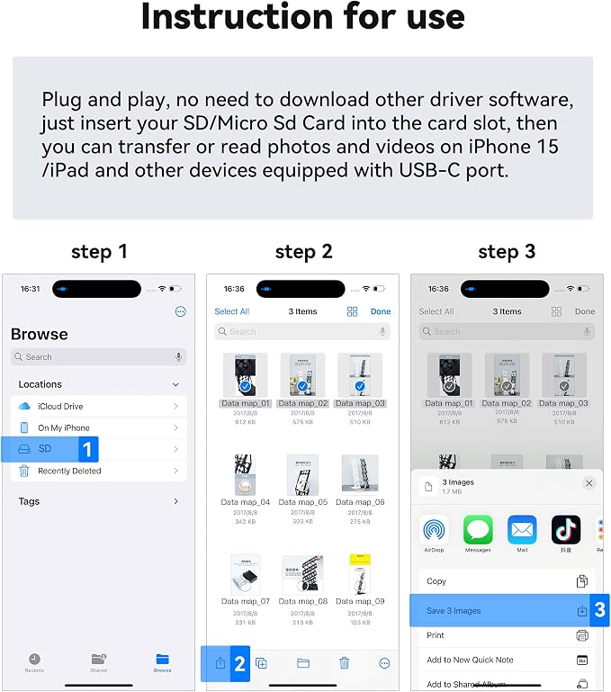 USB C SD Card Reader for iPhone 15 16/iPad/MacBook/Mac, xdgeLoad USB-C Type C - Image 7