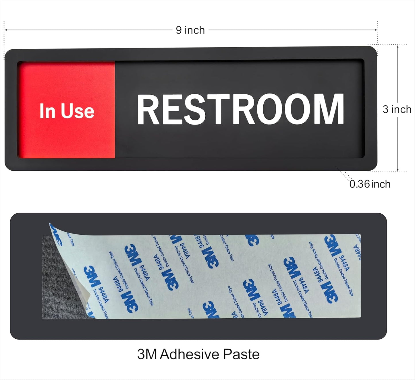 Restroom Sign – In Use / Available Slide Switch Sign ，Premium Durable Acrylic Material, Super Strong Self-Adhesive, Quick Installation, Suitable For Your Home And Business ( 9×3 Inches, Black) (Restroom)