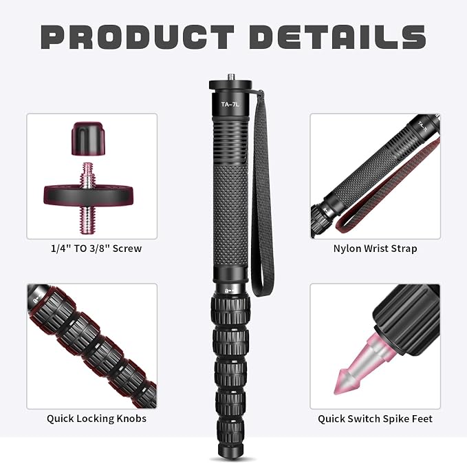 TONYBOO 68.5” Aluminum Camera Monopod, Lightweight & Portable, 5-Section Travel - Image 3