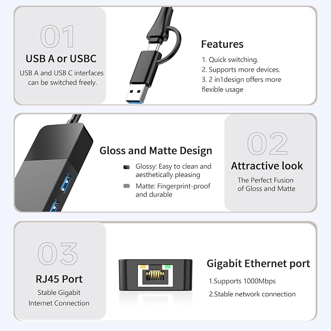 ALL-LUCKY USB to Ethernet Adapter, 4 in 1 USB C to Ethernet Adapter Hub - Image 4