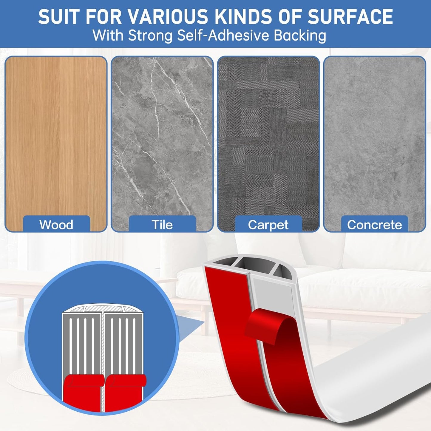 Floor Cord Cover Self Adhesive Cord Hider Floor Extension Cord Covers for Floor Power Cord Protector Cable Management Prevent Cable Trips Cable Cavity 0.47" W x 0.27" H (White, 10Ft)