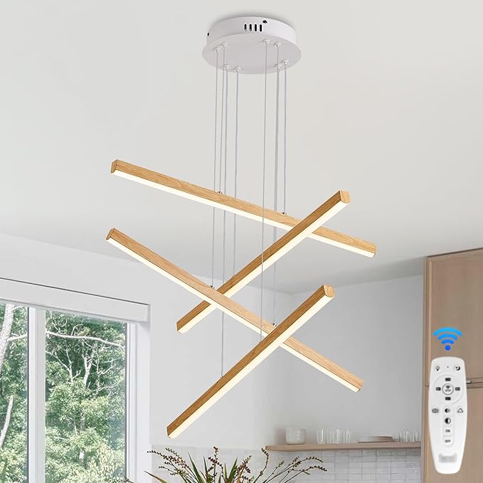 Linear Pendant Light for Dining Room Oak Wood Grain Finish LED 4 Light - Image 8