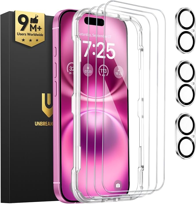 UNBREAKcable iPhone 16 Plus Screen Protector 3-Pack, Upgraded Dual-Tempered by UNBREAKcable