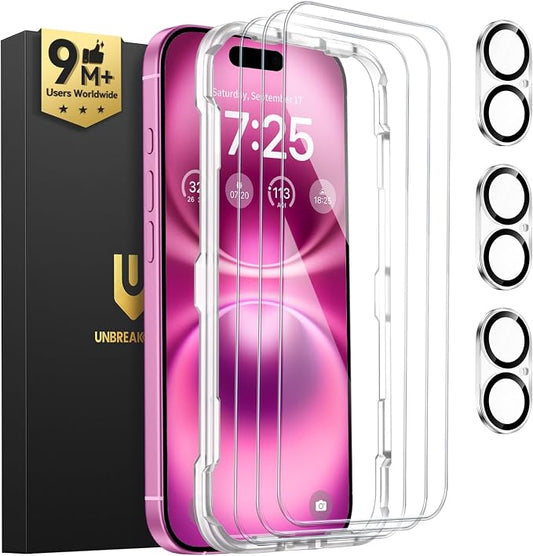 UNBREAKcable iPhone 16 Plus Screen Protector 3-Pack, Upgraded Dual-Tempered by UNBREAKcable