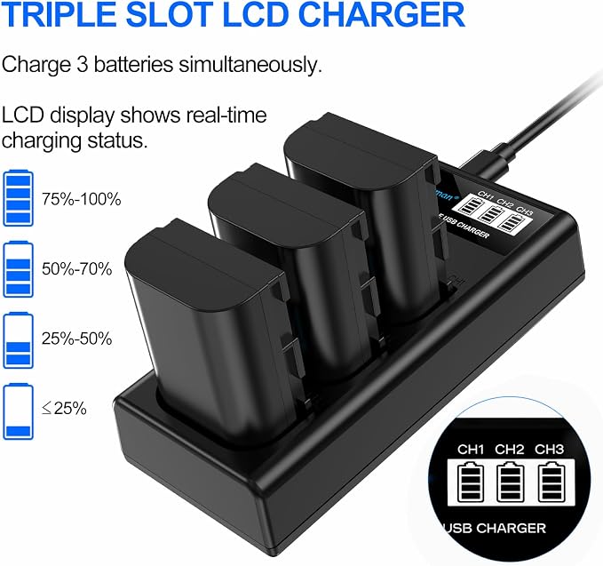 Artman LP-E6N LP-E6 Battery 3-Pack 2750mAh and 3-Slot LCD Charger - Image 5
