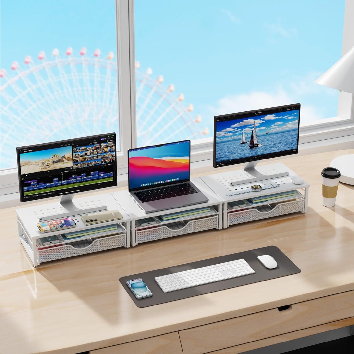 gianotter Computer Monitor Stand Riser, office organizer with Drawer, Office Organizers Storage for Classroom Office Supplies (White)