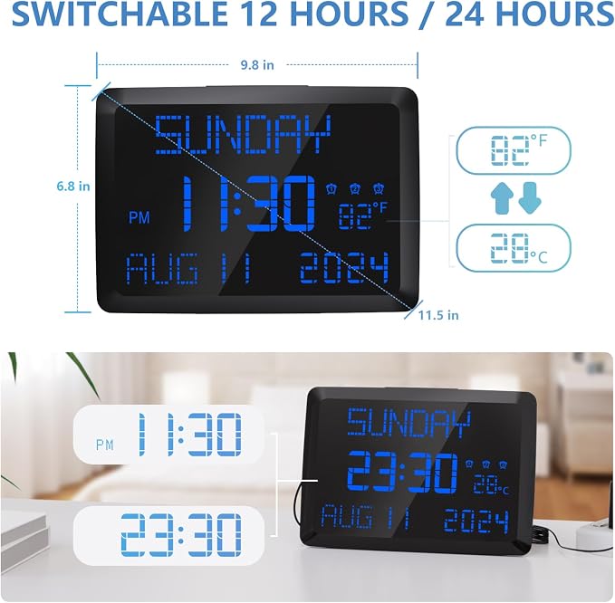 Raynic Digital Clock, 11.5" Large Display Calendar Clock - Image 5
