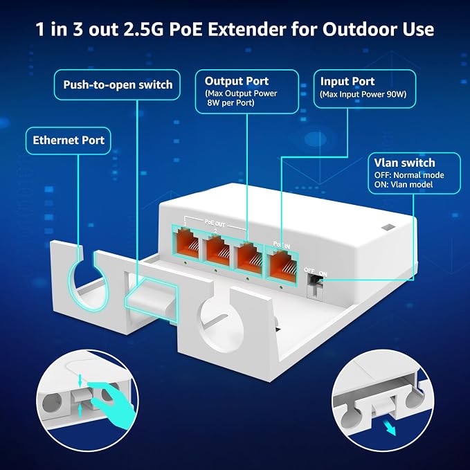 YuanLey Outdoor 2.5 Gigabit PoE Extender 1 in 3 Out, 4 Port 2.5Gbps PoE - Image 5