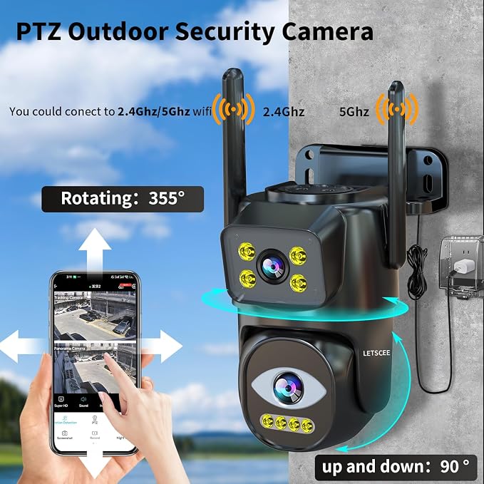 LETSCEE Dual Lens WiFi Security Camera Outdoor, 2.4G/5G PTZ Outdoor Plug-in - Image 3