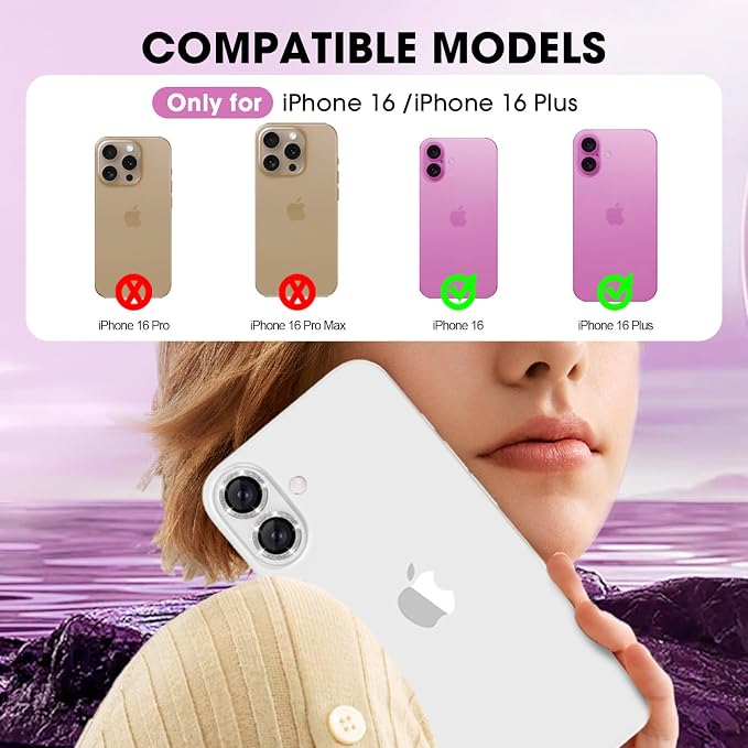 for iPhone 16/16 Plus Camera Lens Protector Bling Individual Metal Glitter Ring - Image 2