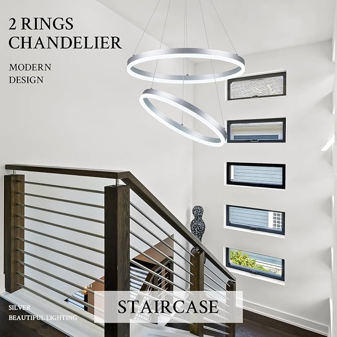Modern LED Chandelier Silver 2-Rings Pendant Light Circular Flush Mount Ceiling - Image 7