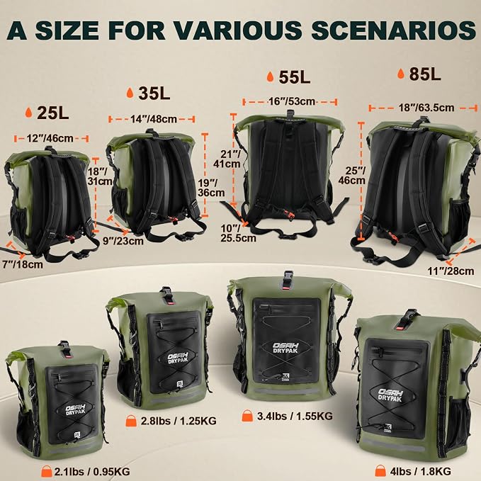 OSAH DRYPAK Waterproof Backpack Dry Bag 25L/35L/55L/85L – Heavy Duty Roll-Top - Image 2