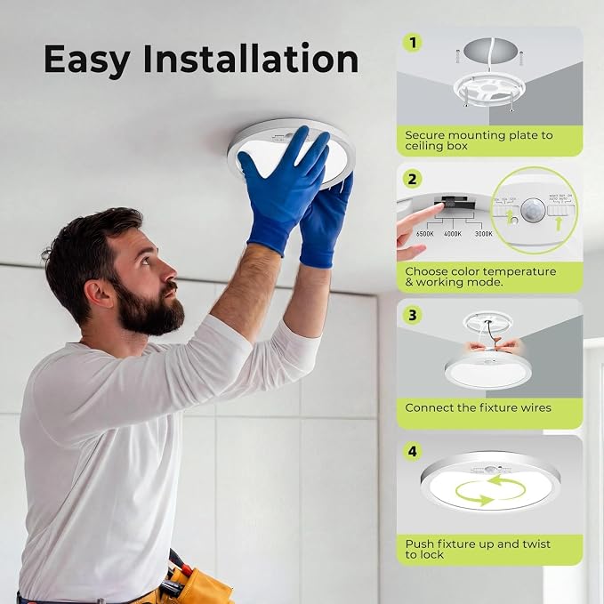 hepside 8.7Inch Motion Sensor Ceiling Light Wired, 3000K/4000K/6500K LED Flush - Image 7