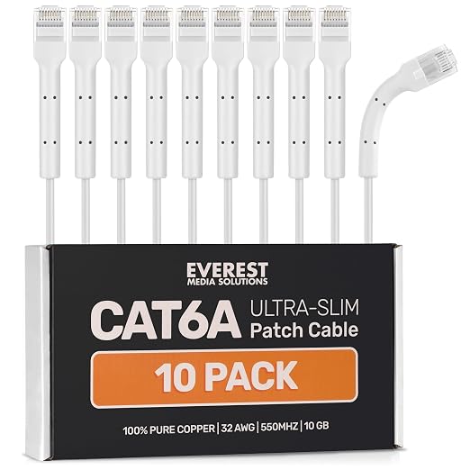 Everest Ultra Slim Cat6a Ethernet Patch Cables 3ft White by EverestMediaSolutions