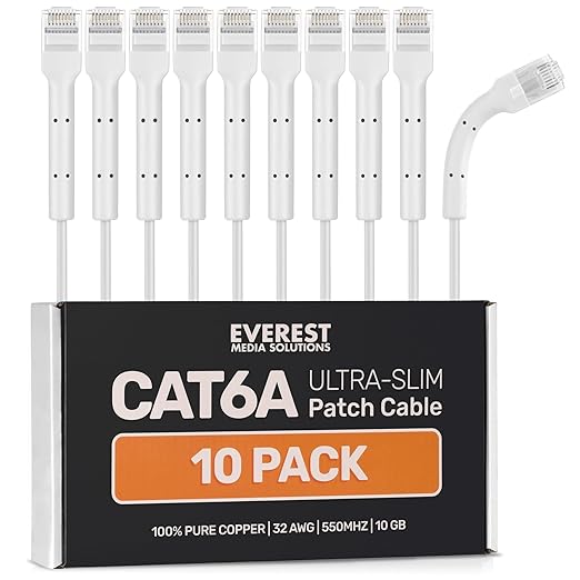Everest Ultra Slim Cat6a Ethernet Patch Cables 6ft White by EverestMediaSolutions
