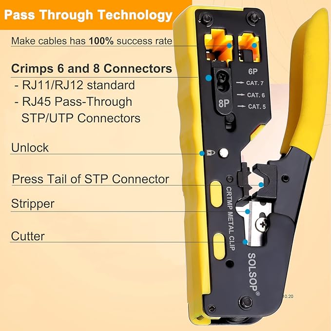 Solsop Pass Through RJ45 Crimp Tool Kit All-in-One Ethernet Crimper Cat7 Cat6 - Image 3