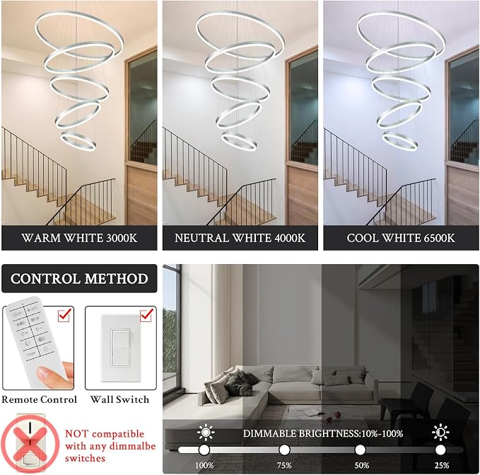 5-Rings D31.5in Modern LED Chandelier Silver Dimmable High Ceiling Chandeliers - Image 9