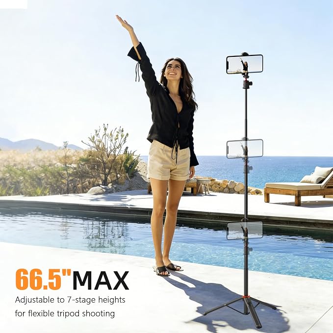 Action Camera Tripod with 360° Ball Head, 66.5'' Selfie Stick Tripod with - Image 5