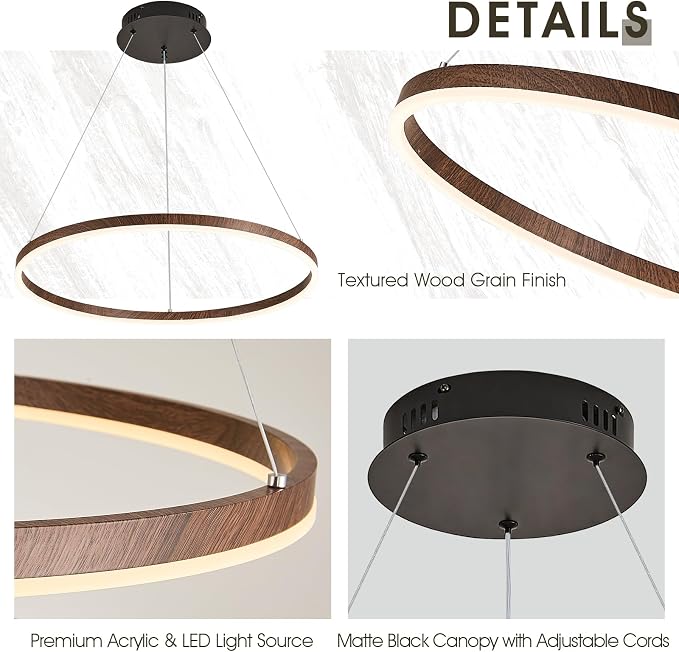 24" Ring Chandelier Modern LED Round Chandelier Wood Grain Finish Dimmable - Image 7