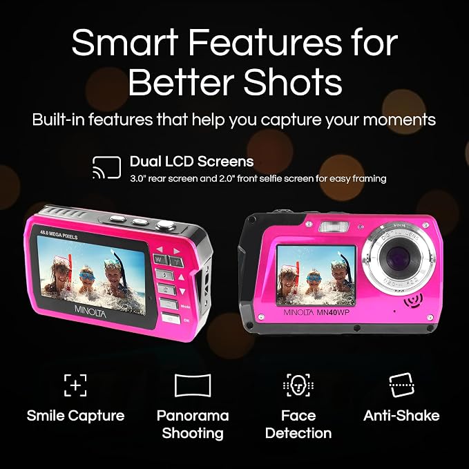 Minolta MN40WP 48MP Waterproof Digital Camera – Dual LCD Screens, 2.7K QHD Video - Image 3