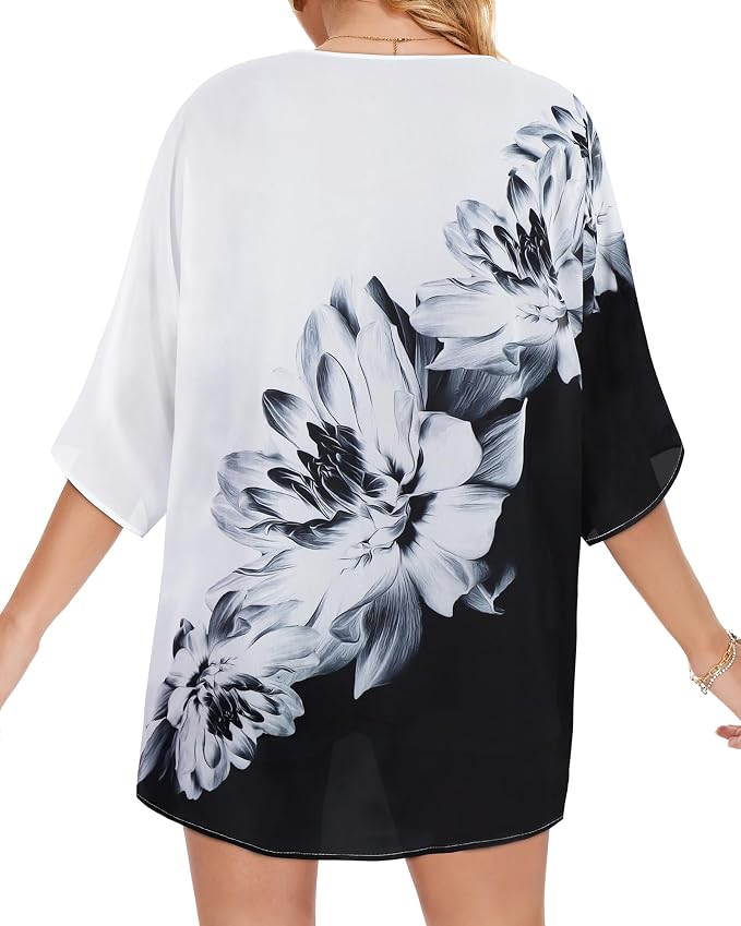 Women's Floral Print Puff Sleeve Kimono Cardigan Loose Cover Up Casual Blouse - Image 5