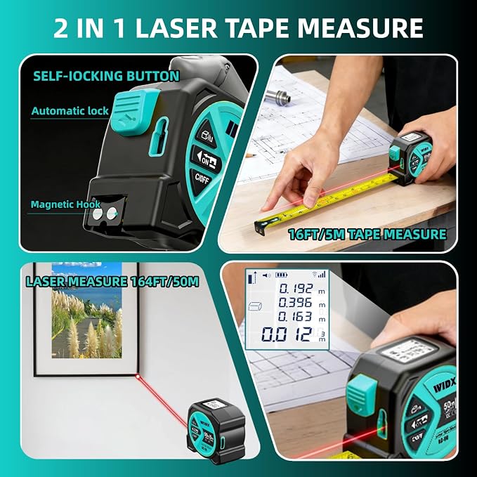 WIDX 2 in1 Laser Tape Measure, 164ft Laser Distance Measurement & 16ft - Image 2