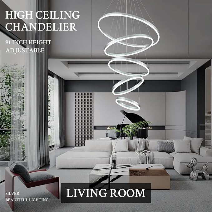 5-Rings D31.5in Modern LED Chandelier Silver Dimmable High Ceiling Chandeliers - Image 5