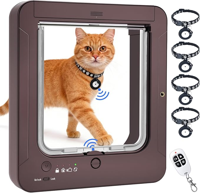Smart Cat Door with 4 Collar Sensor Key, RFID Cat Door Collar Activated with by CUIBIRD
