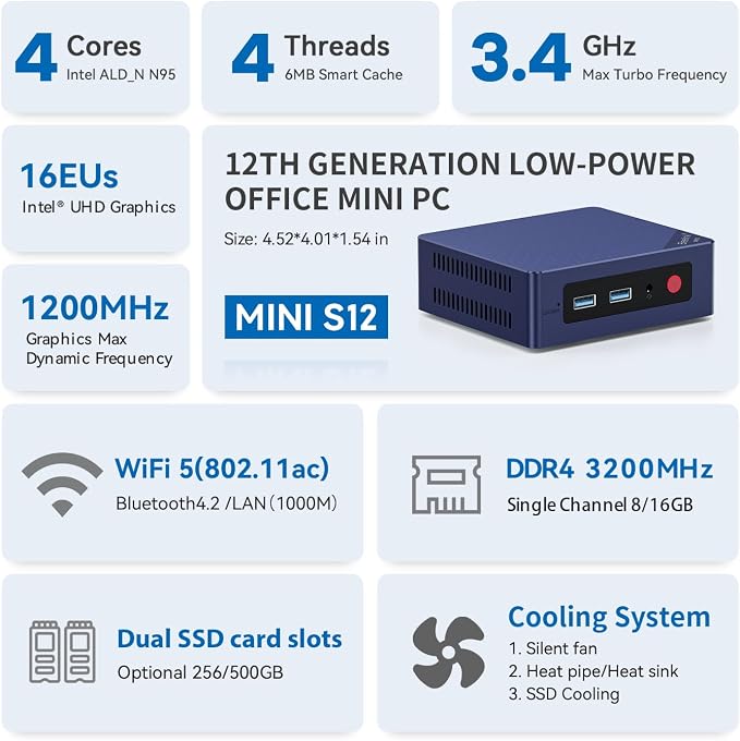 Beelink Mini PC, Mini S12 Intel 12th Gen 4-Core N95, Mini Computer 8GB DDR4 RAM - Image 2