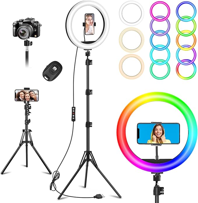 10.3" Selfie Ring Light with Stand and Phone Holder, 96 RGB Lighting Modes by Vlogging
