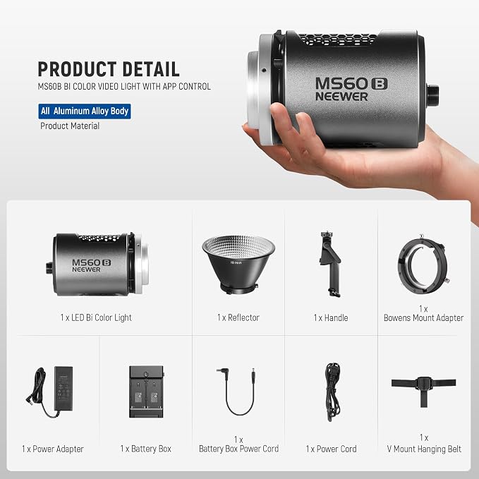 NEEWER MS60B LED Video Light 2.4G/APP Control, 65W Metal Mini Compact COB - Image 9