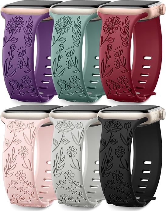 SNBLK 6 Pack Floral Engraved Bands Compatible by SNBLK