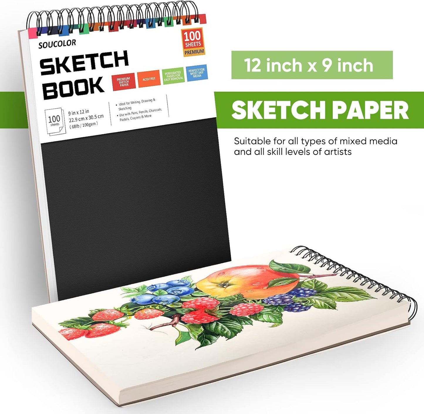 Soucolor Artist 9x12 Sketch Book Set, 4 Pack 100-Sheet Spiral Drawing Pads (68lb/100gsm) | Acid-Free Drawing Paper for Teens, Adults Classroom Art Supplies, Charcoal, Graphite, Pastel Pencils & Sticks