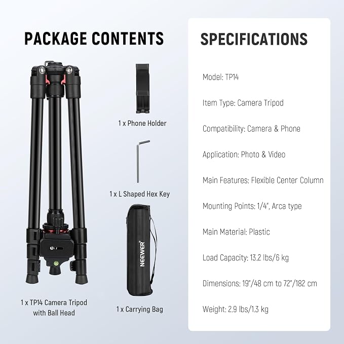 NEEWER Basics Travel Tripod for Camera, Ball Head, Arca Type QR Plate, Cell - Image 9