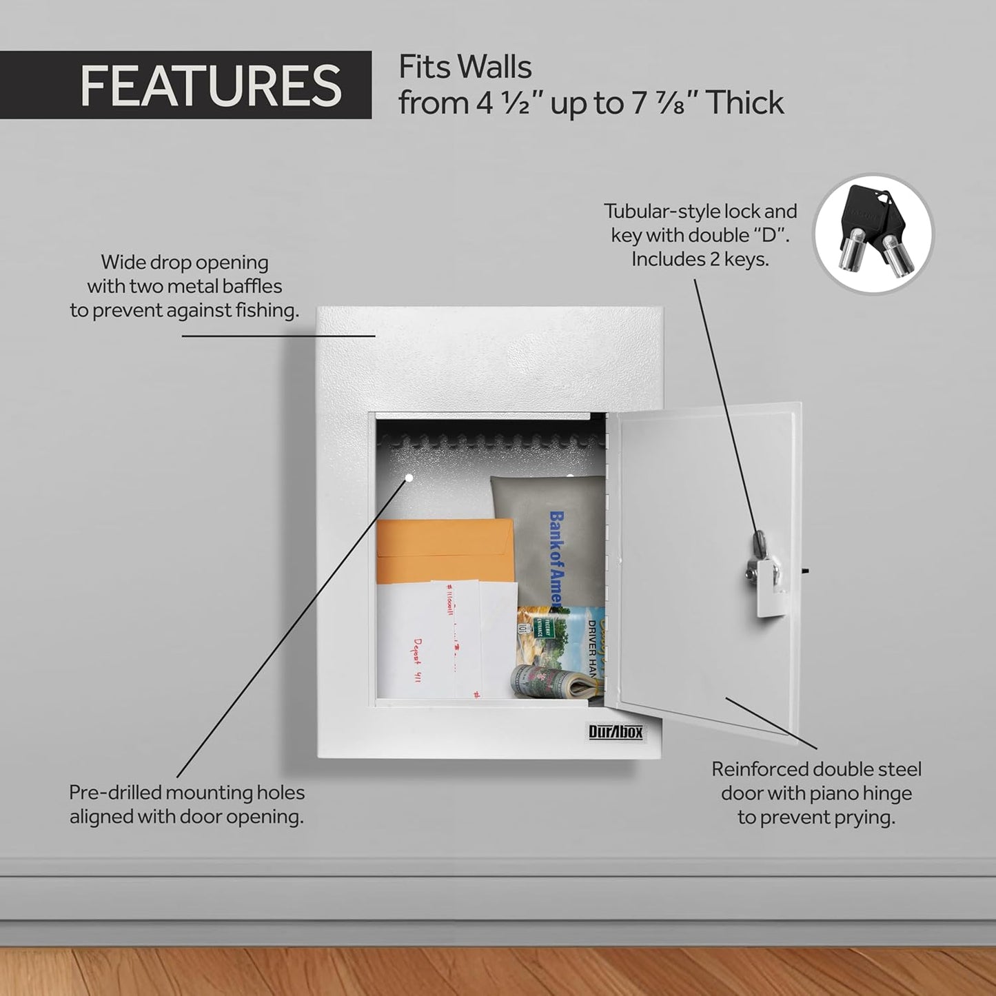 Through-The-Wall Drop Box Deposit Safe 17 x 13 x 7 - Heavy Duty Steel Mailbox with Lock for Receiving Mail, Checks, Letters, Cash and More for Home, Office and Commercial Use (D700) (Gray)