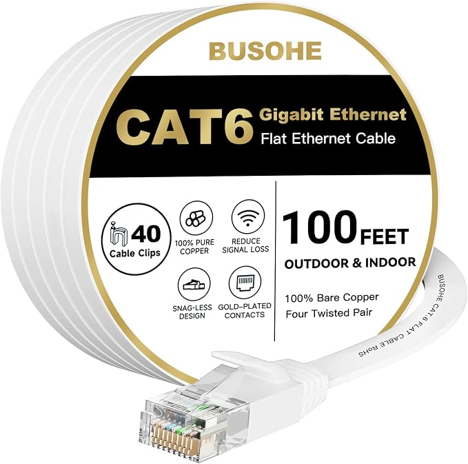 BUSOHE Cat6 Ethernet Cable 100 FT White, Cat-6 Flat Internet LAN Network by BUSOHE