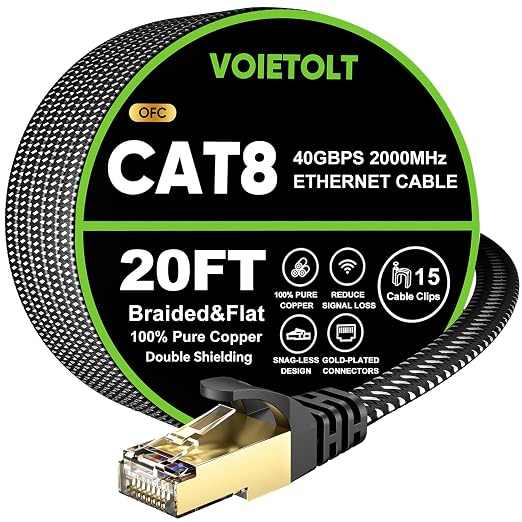 Cat 8 Ethernet Cable 20 FT Flat, High Speed 40Gbps 2000Mhz Braided Internet by EthernetCable