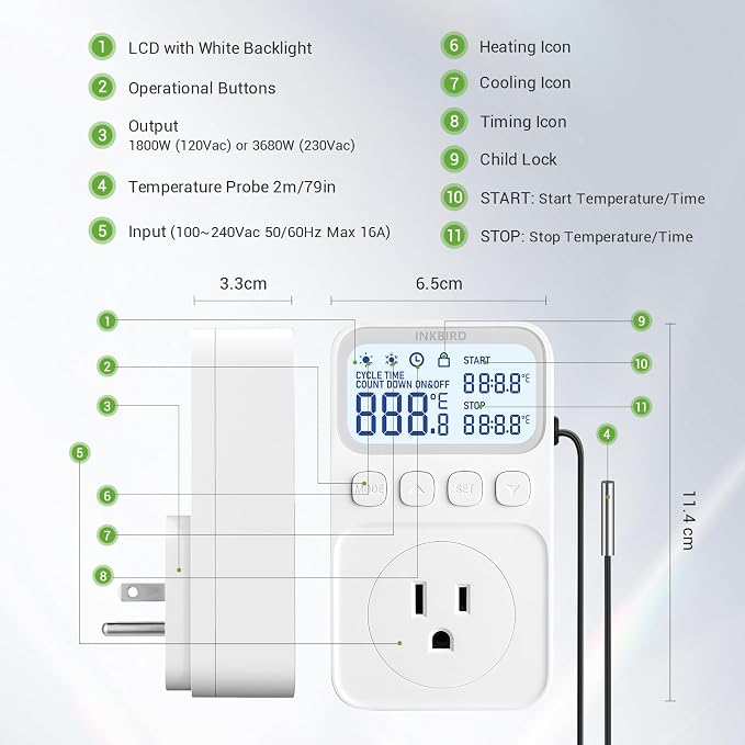 INKBIRD Plug in Thermostat 15A 1800W, Programmable Heating Cooling Digital - Image 8
