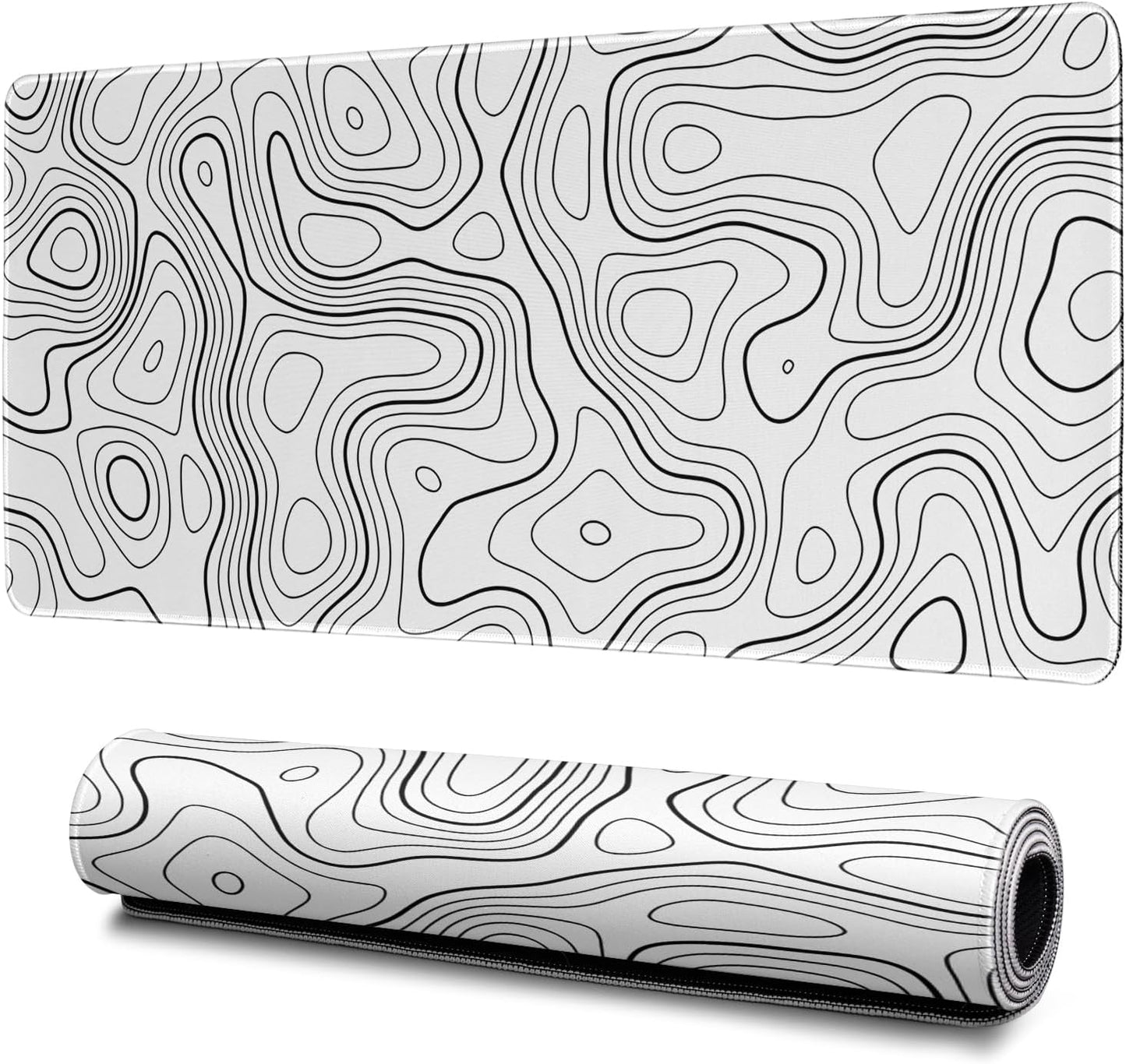 Topographic Contour Gaming Mouse Pad White Large Mouse Pad for Keyboard and Mousepad Desk Mat with 3mm Non-Slip Base and Stitched Edge for Gaming and Office Computer Mat Protector Mat 31.5x11.8 Inch