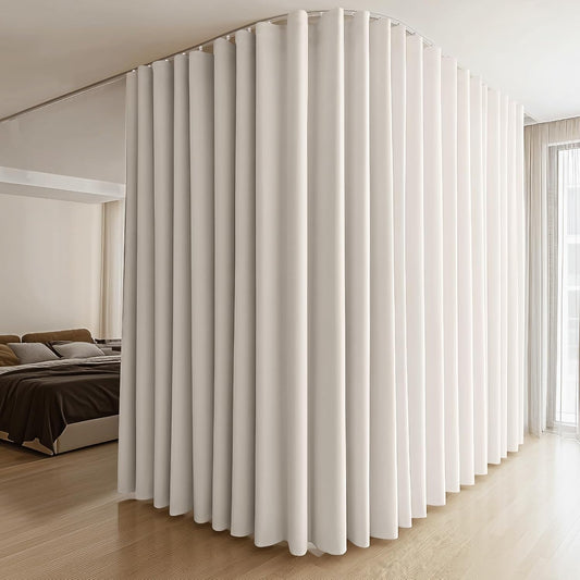 Room Divider Curtains & Flexible Bendable Tracks Set,Privacy Dividers Ceiling Track Curtain Window Blackout Curtains for Living Room Bedroom (W150 × H96 in 1 Panel Beige Drape & White Rail)