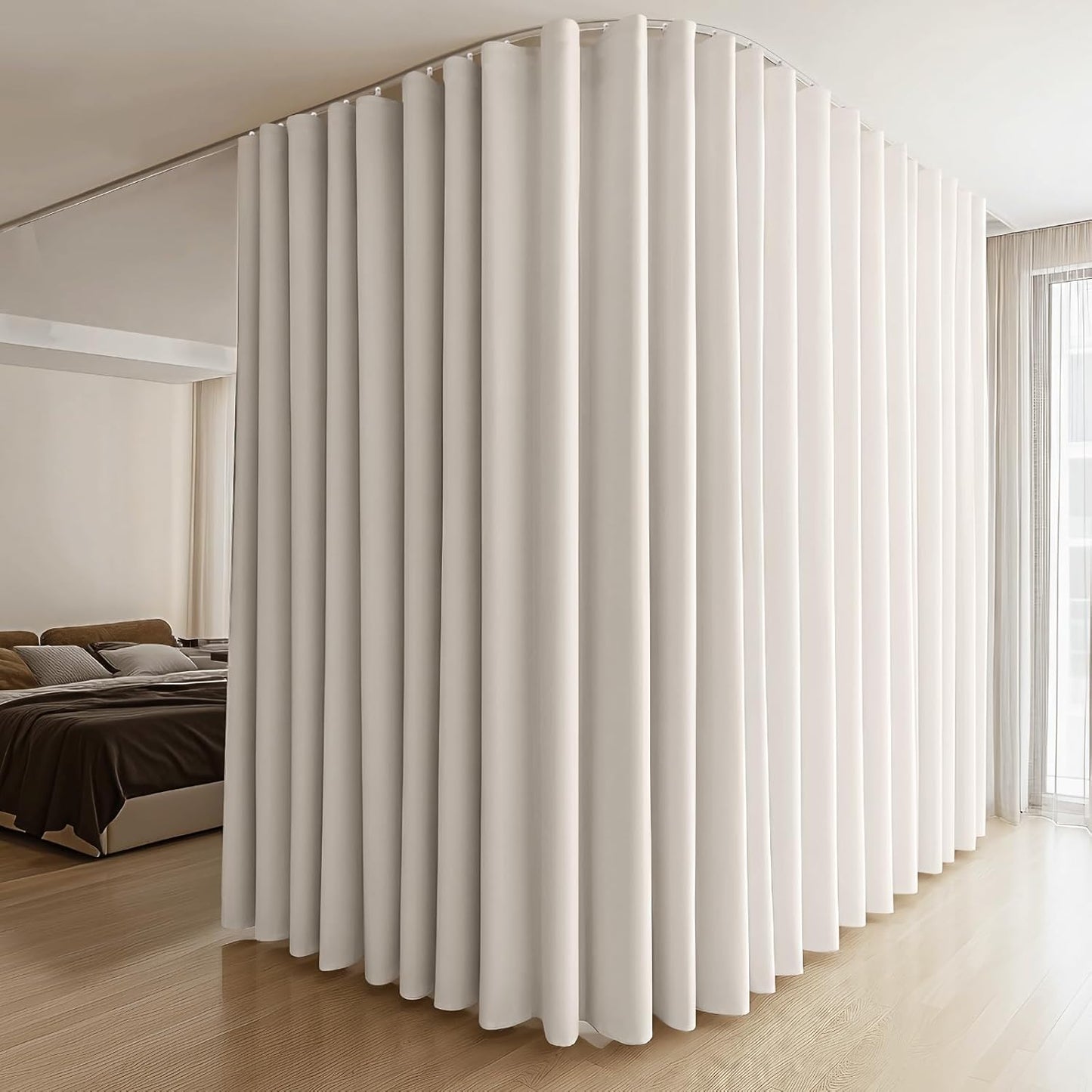 Room Divider Curtains & Flexible Bendable Tracks Set,Privacy Dividers Ceiling Track Curtain Window Blackout Curtains for Living Room Bedroom (W120 × H108 In 1 Panel Beige Drape & White Rail)
