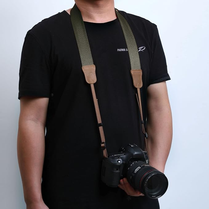 Olive Green Camera Strap, Double Layer top-grain Cowhide Ends, 1.5"Wide Pure - Image 2
