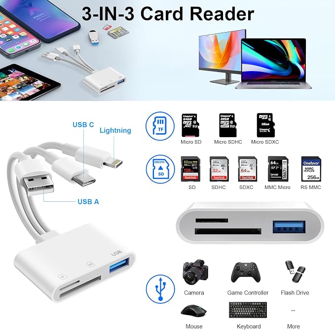 SD Card Reader for iPhone iPad Mac, USB C & Lightning & USB-A 3 in 1 MircoSD/SD - Image 2