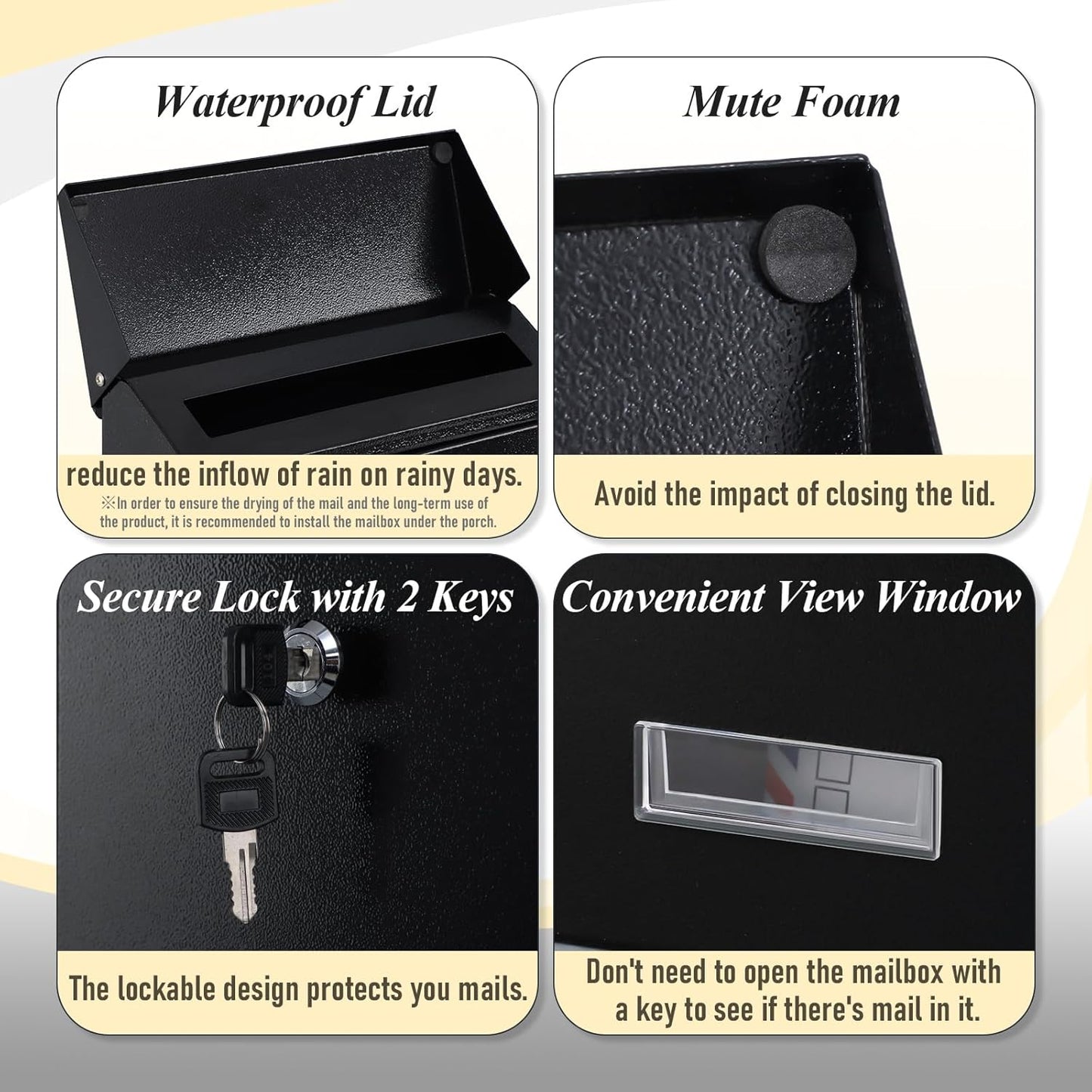 xydled Mail Boxes with Key Lock,Locking Mailbox Wall Mounted,Large Capacity,Steel Cover Metal Postbox for House, Black, 12.34''x8.5''x3''
