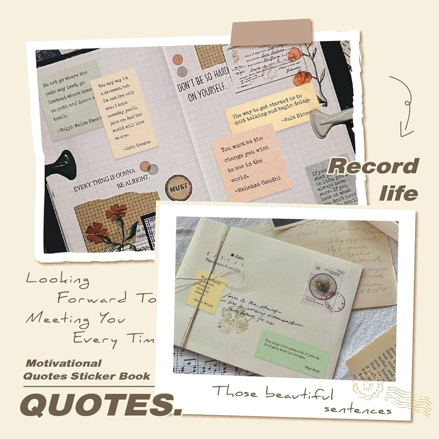 24 Sheets Vintage Motivational Quote Stickers Pad wtih Tweezer,246 Pcs Inspirational Typewriter Font Quotes Pad,Word Stickers for Scrapbook Junk Journal Bullet Journal DIY Craft Card Making