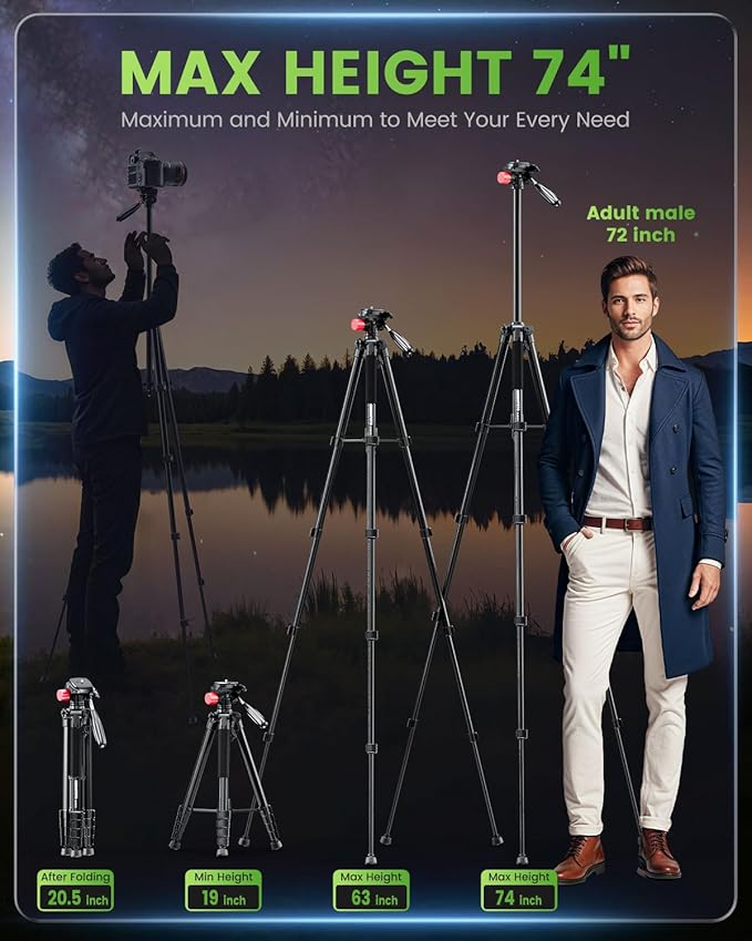 CAMBOFOTO 74"-Camera-Tripod, Porfessional Aluminum Heavy Duty Tripod Stand - Image 3