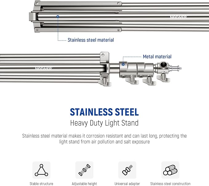 NEEWER 7.2ft/2.2m Stainless Steel Light Stand, Spring Cushioned Heavy Duty - Image 7
