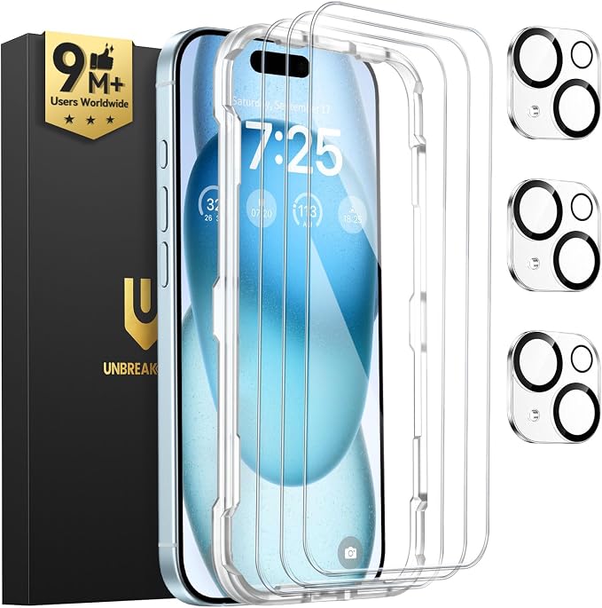 UNBREAKcable iPhone 15 Screen Protector 3-Pack, Upgraded Dual-Tempered Glass + by UNBREAKcable