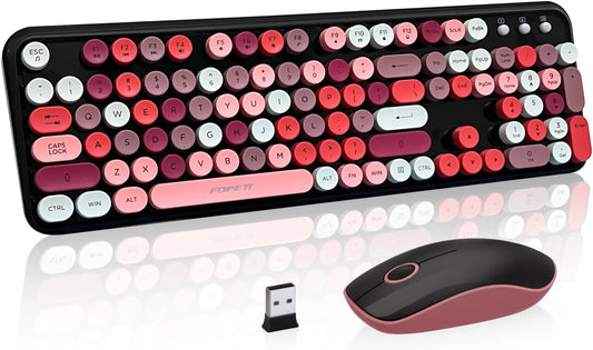 Keyboard and Mouse Wireless,Cute Retro Wireless Keyboard Mouse Combo with Round Key,2.4Ghz Dropout-Free Connection,Typewriter Wireless Keyboard Mouse Set for PC Laptop Desktop Computer-Black Colorful